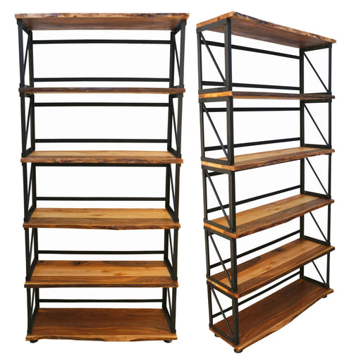 Front view of the Band Walnut Bookcase displaying its tall, modern design with natural wood tones and industrial accents.