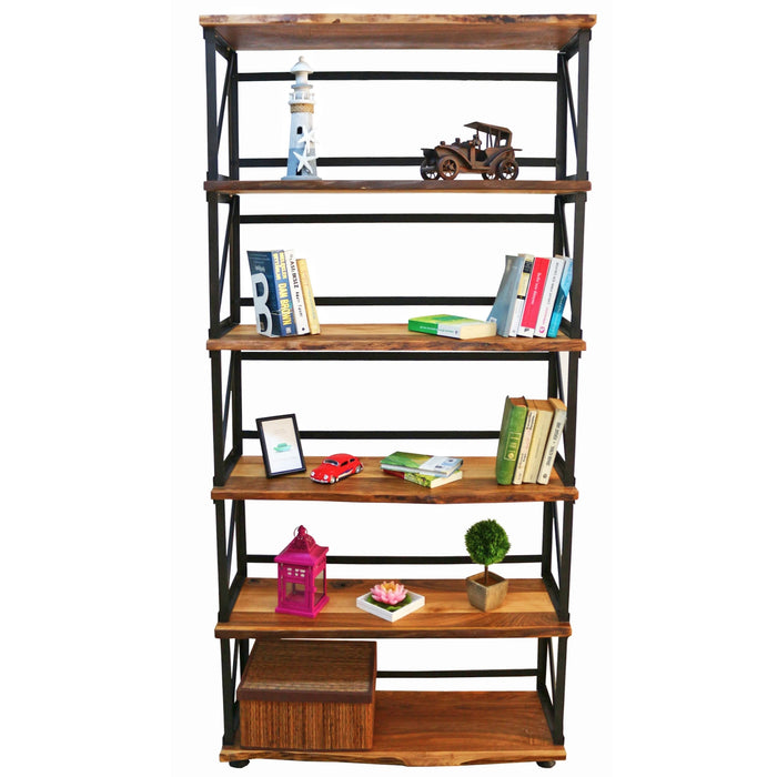 Detailed shot of the bookcase’s frame and shelves, highlighting the combination of walnut wood and sturdy metal construction.