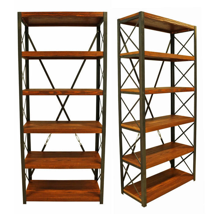 A full front view showing the bookcase with solid pine wood shelves and a sturdy black metal base, blending industrial and natural design elements.