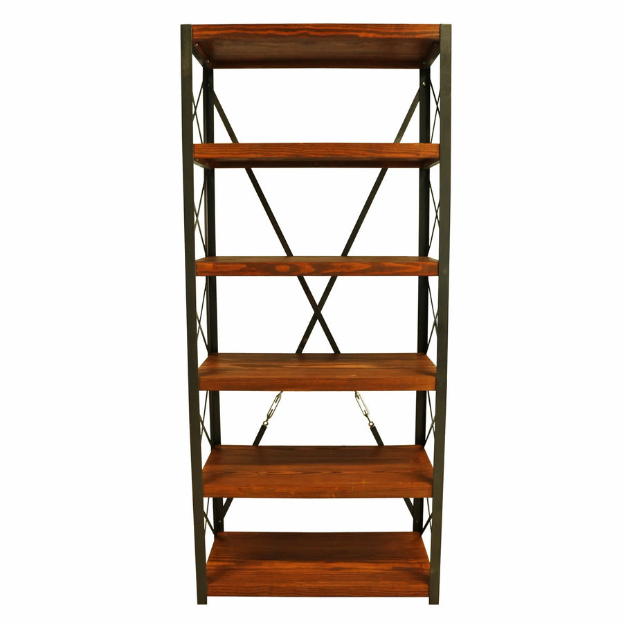 A side view highlighting the clean lines of the pine shelves and the modern metal frame, perfect for organizing or displaying items.