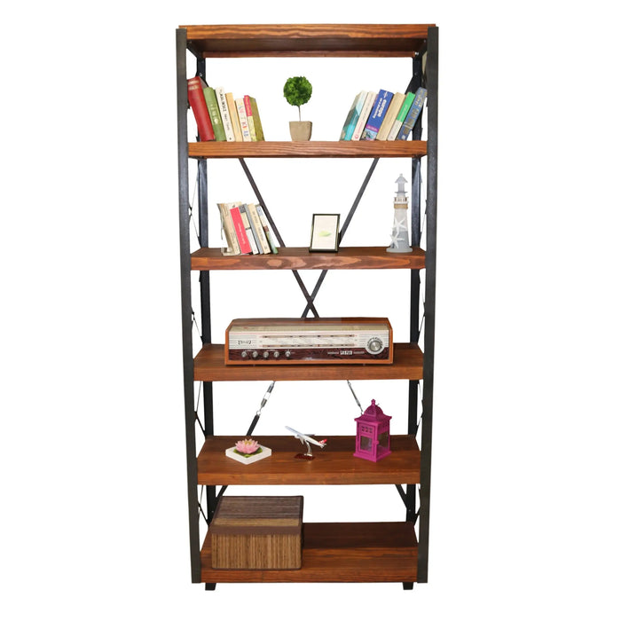 The bookcase in a living room, styled with books, plants, and decorative objects, enhancing the modern-industrial vibe of the space.