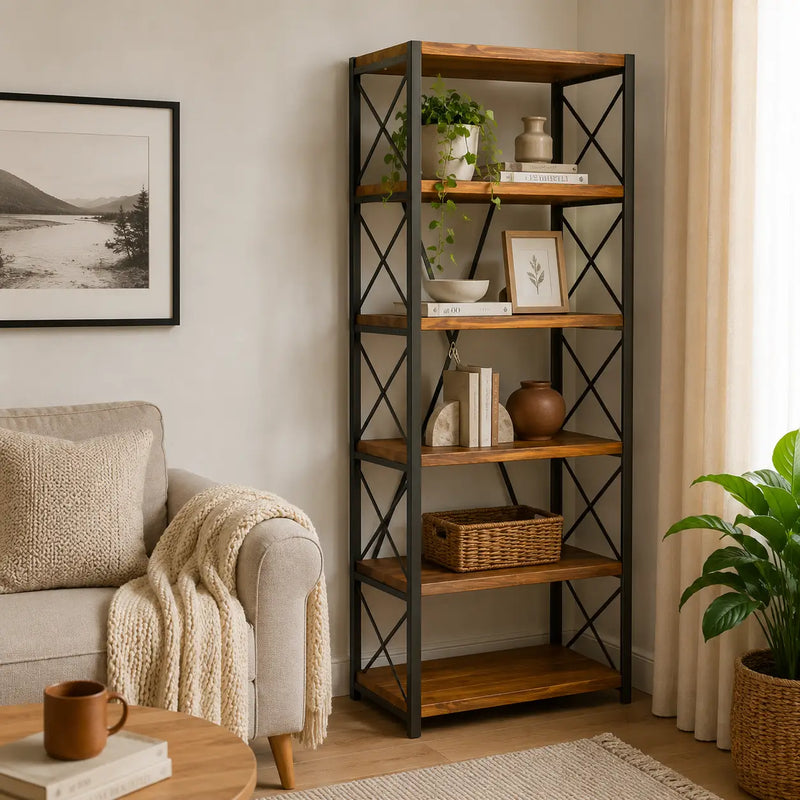 Bellingham Pine Bookcase | Metal Base Industrial Design.