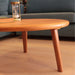 Round wood cocktail table styled with decorative items, blending seamlessly with contemporary decor.