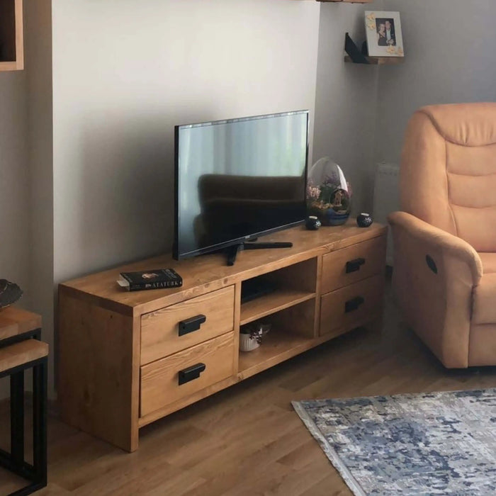 Angled side view showcasing the sturdy craftsmanship and smooth wooden finish of the TV stand.