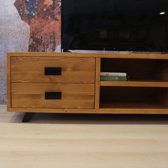 Open shelves styled with books and decor items, demonstrating the versatility of the TV stand