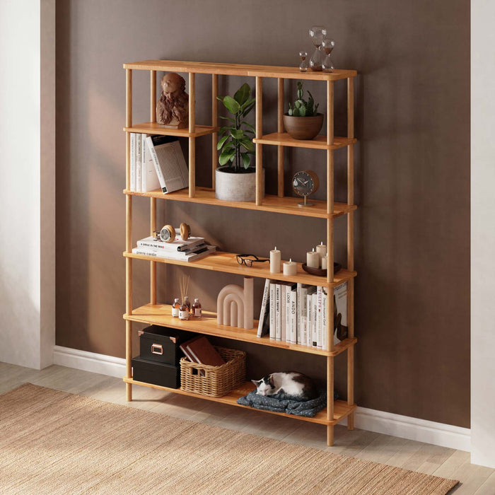 Brooklyn bookcase solid wood with open shelves, showcasing natural wood grain and modern design.