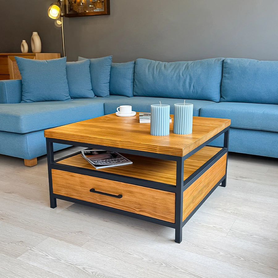 Solid Pine Wood Square Coffee Table with Drawers in a cozy living room