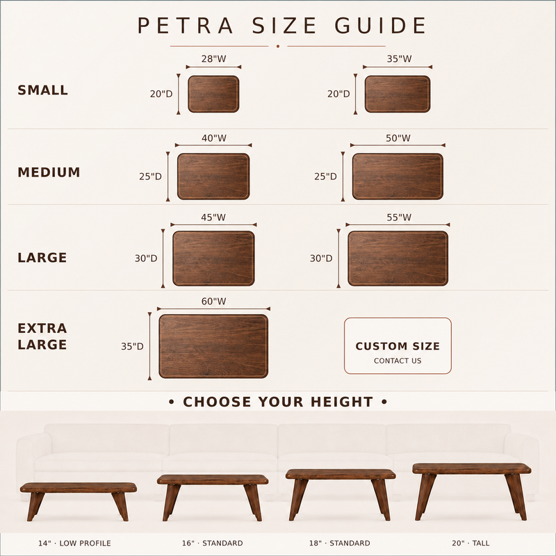 A petra size guide infographic showing dimensions for small, medium, and large sizes, including width and depth measurements and a custom size option, with four low-profile petra table silhouettes at the bottom indicating different heights.
