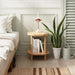  Side view showcasing the sturdy legs and unique geometric shape of the wood end table.