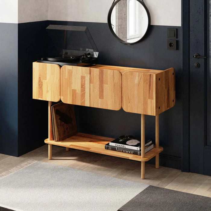 A stylish entryway table featuring a solid wood design with two spacious drawers and a lower shelf for added storage.