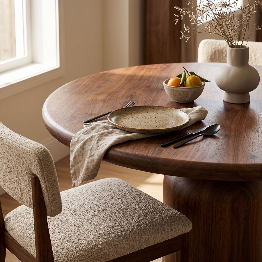 Solen Round Solid Oak & Walnut Dining Table – Sculptural Pedestal Modern Design