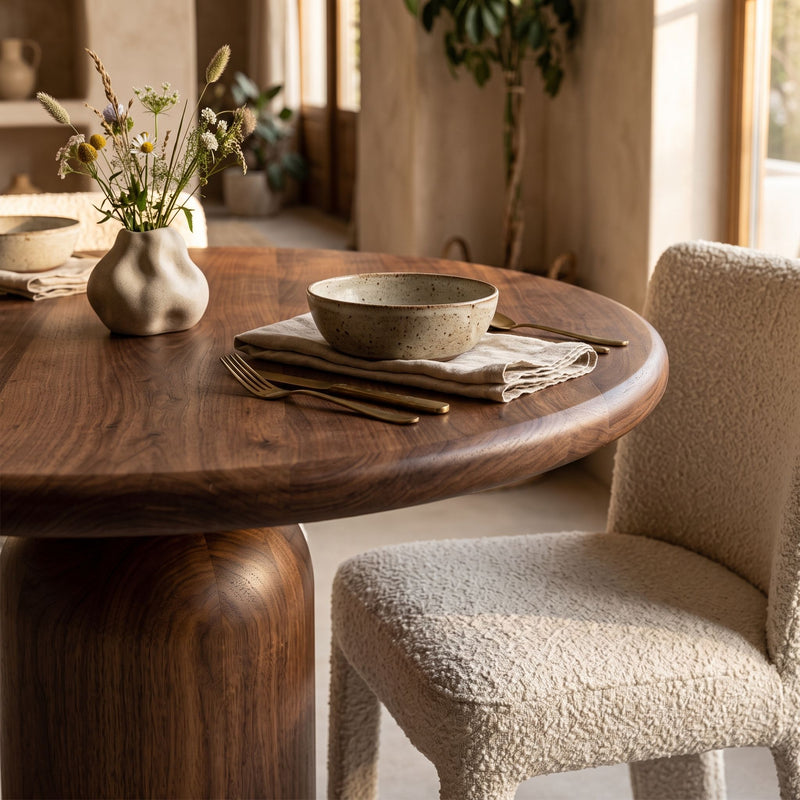Solen Round Solid Oak & Walnut Dining Table – Sculptural Pedestal Modern Design