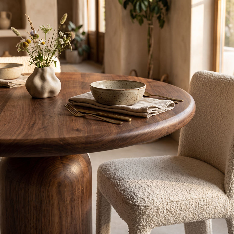 Solen Round Solid Oak & Walnut Dining Table – Sculptural Pedestal Modern Design