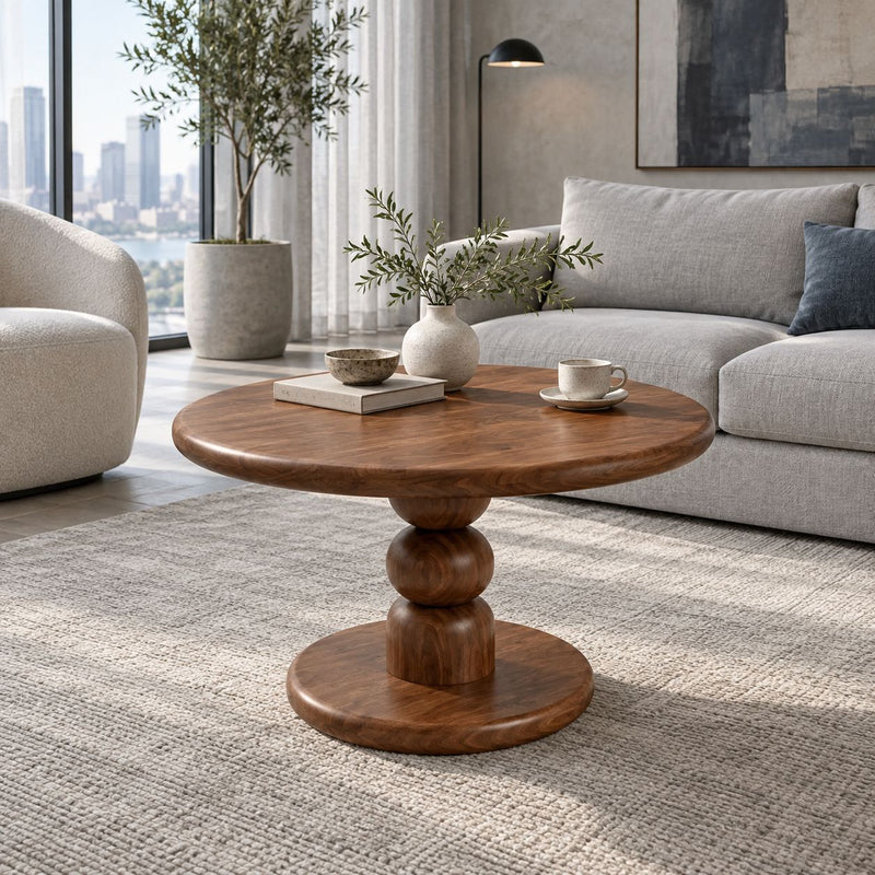 dorel round wooden pedestal coffee table in a warm medium brown finish, styled in a modern living room setting with a gray sofa, a potted plant, and a cup on a saucer.