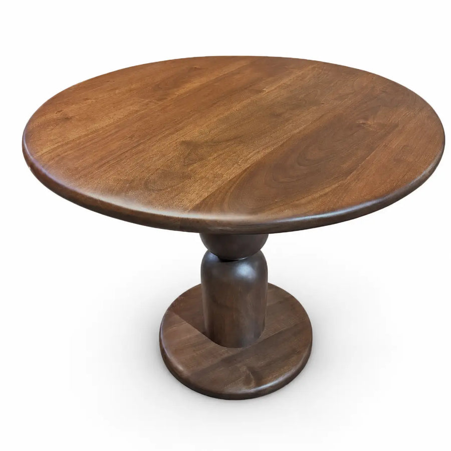 Dorel Round Walnut Dining Table with Sculptural Base – Modern Pedestal Design
