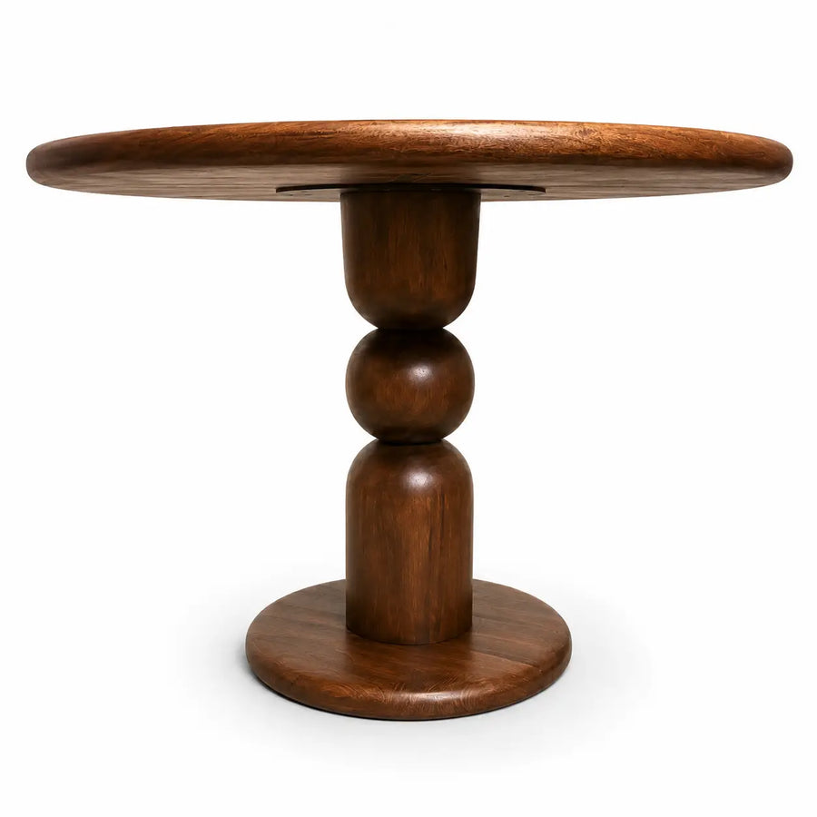 Dorel Round Walnut Dining Table with Sculptural Base – Modern Pedestal Design