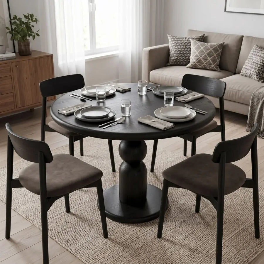Dorel Beech Wood Round Dining Table | Modern Sculptural Pedestal | Black Color