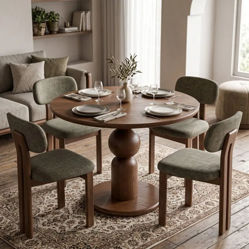 Dorel Beech Wood Round Dining Table | Modern Sculptural Pedestal | Black Color