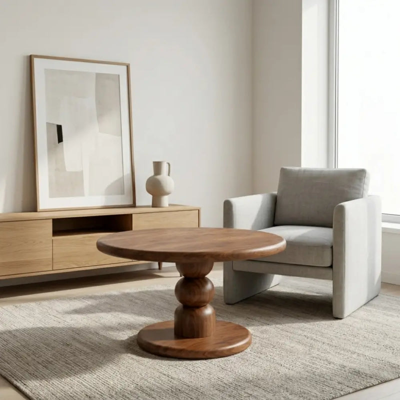 Dorel Solid Walnut Round Pedestal Coffee Table | Mid-Century Modern