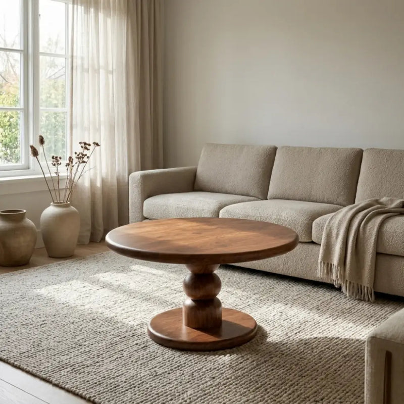 Dorel Solid Walnut Round Pedestal Coffee Table | Mid-Century Modern