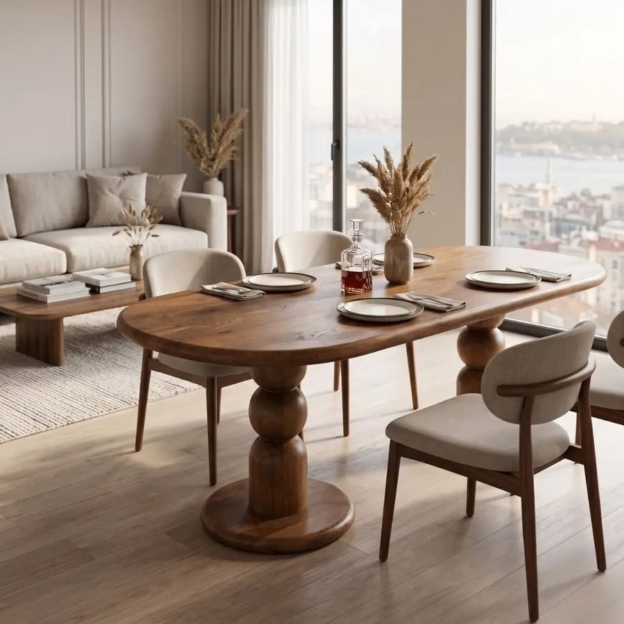 Dorel Oval Walnut Dining Table | Double Pedestal Base
