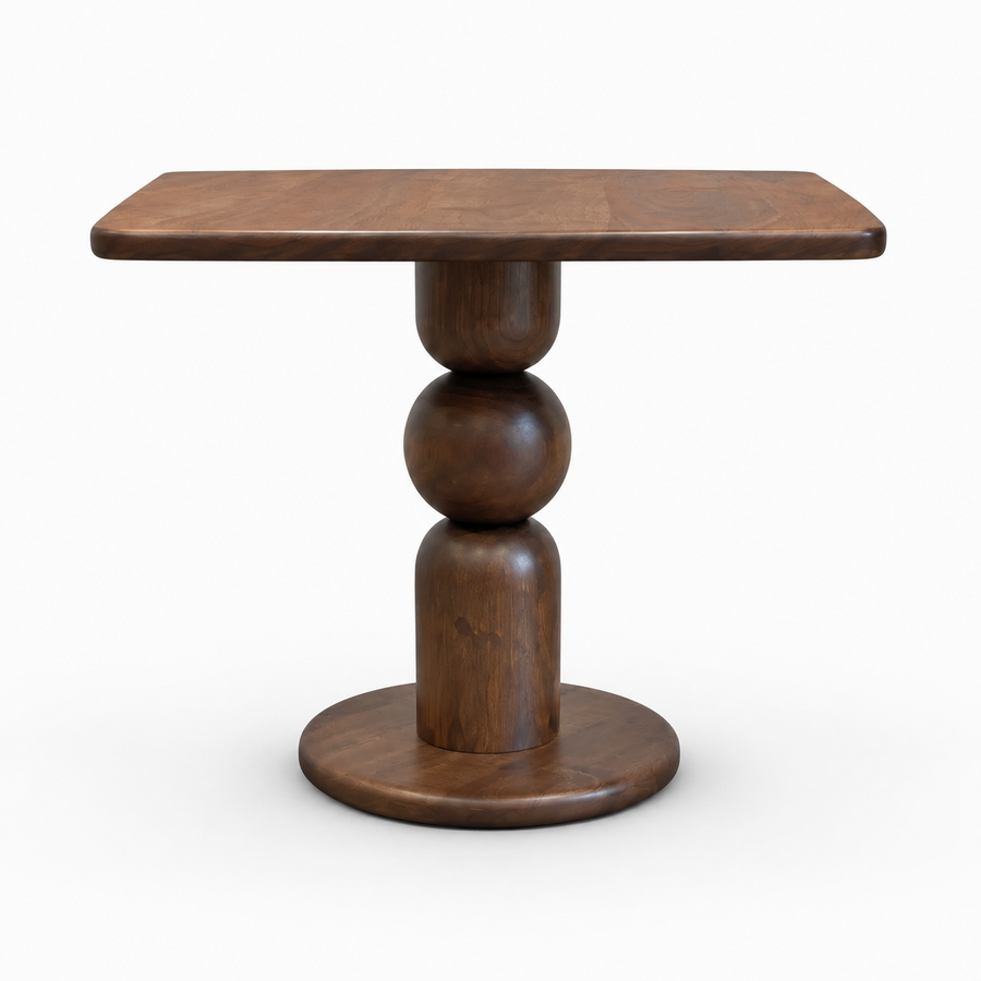 Dorel Square Walnut Dining Table with Sculptural Base – Modern Pedestal Design
