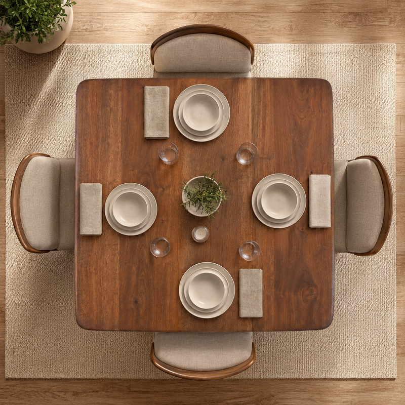 Dorel Square Walnut Dining Table with Sculptural Base – Modern Pedestal Design