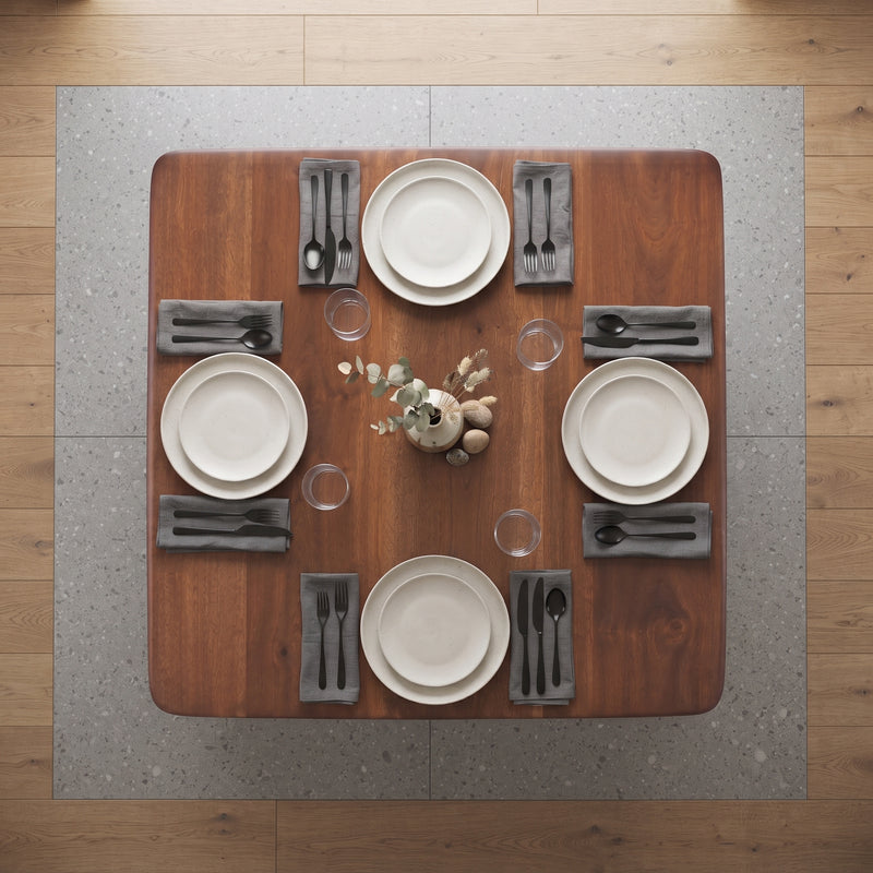 Dorel Square Walnut Dining Table with Sculptural Base – Modern Pedestal Design
