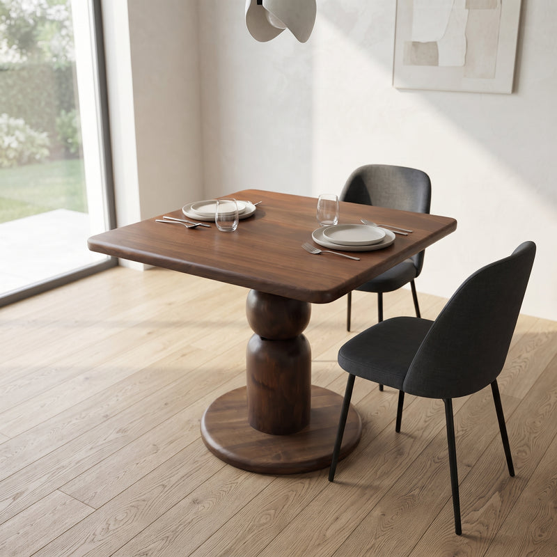 Dorel Square Walnut Dining Table with Sculptural Base – Modern Pedestal Design
