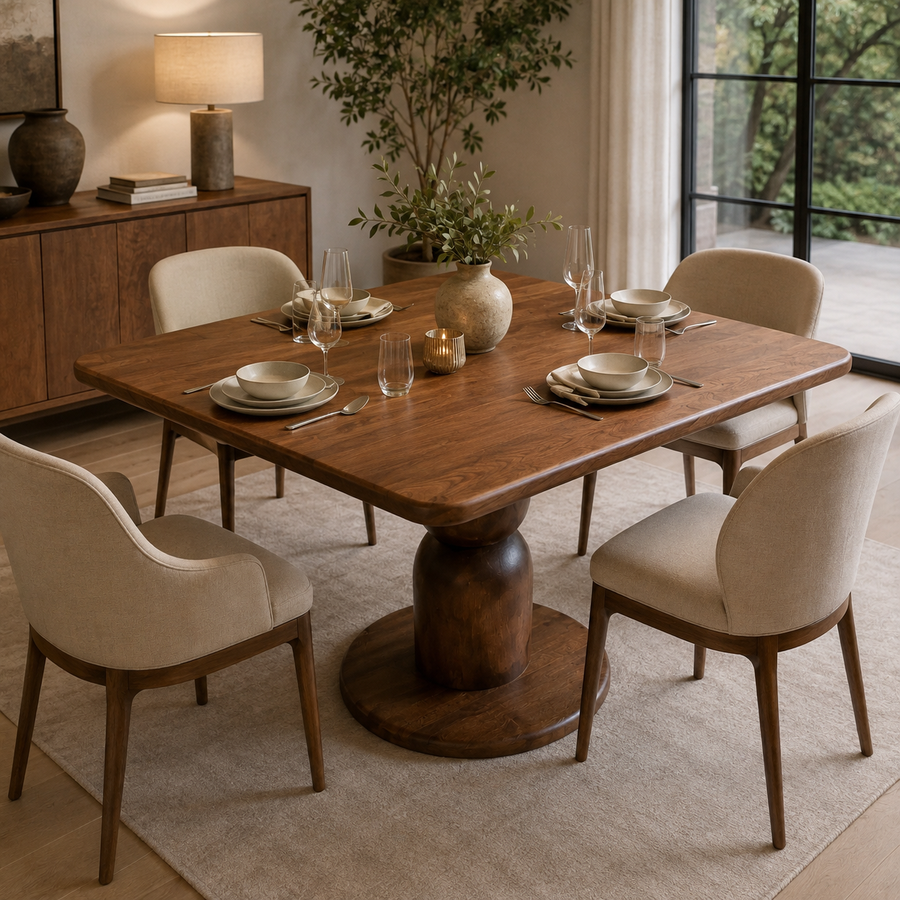 Dorel Square Walnut Dining Table with Sculptural Base – Modern Pedestal Design