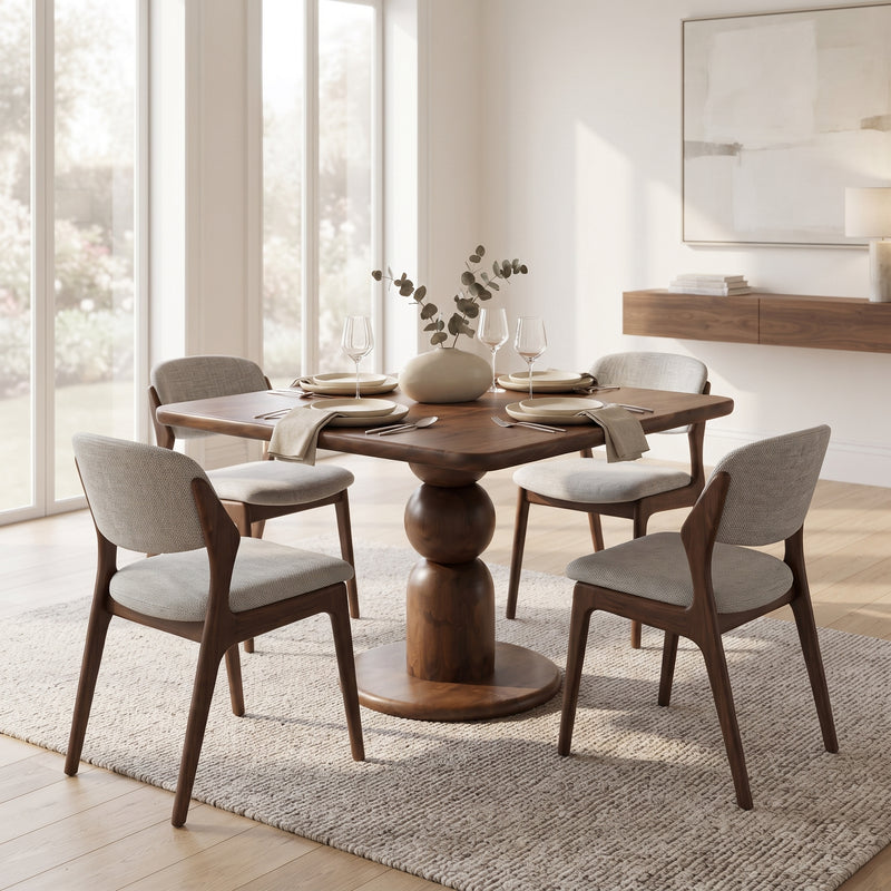 Dorel Square Walnut Dining Table with Sculptural Base – Modern Pedestal Design