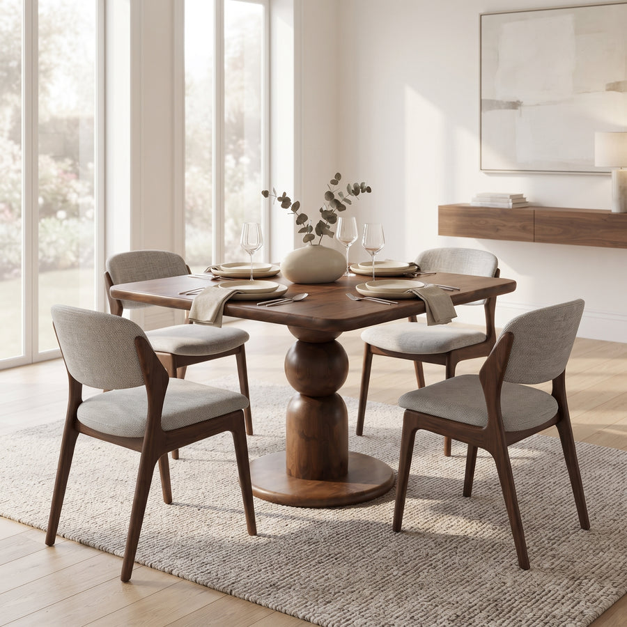 Dorel Square Walnut Dining Table with Sculptural Base – Modern Pedestal Design