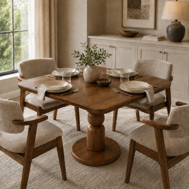 Dorel Square Walnut Dining Table with Sculptural Base – Modern Pedestal Design