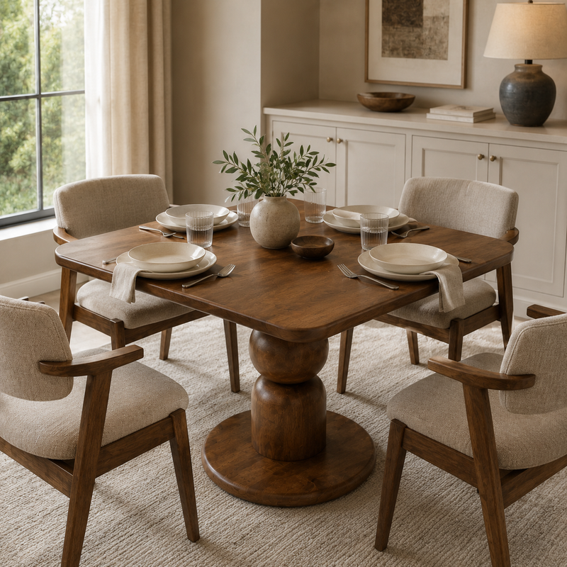 Dorel Square Walnut Dining Table with Sculptural Base – Modern Pedestal Design