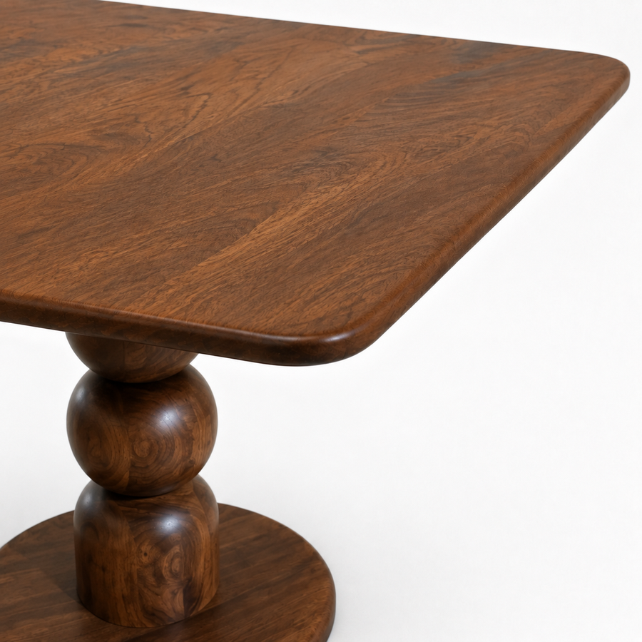 Dorel Square Walnut Dining Table with Sculptural Base – Modern Pedestal Design