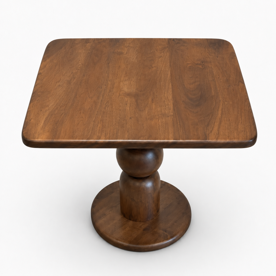 Dorel Square Walnut Dining Table with Sculptural Base – Modern Pedestal Design