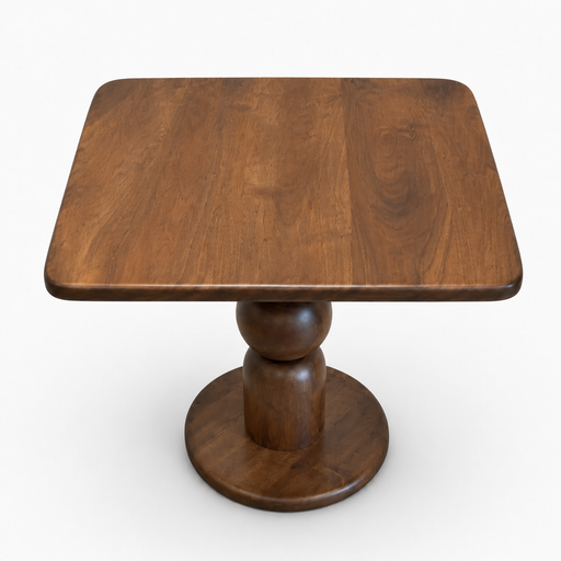 Dorel square walnut sculptural pedestal dining table with rounded corners, a medium brown wood grain finish, and a round base, shown on a clean white background.