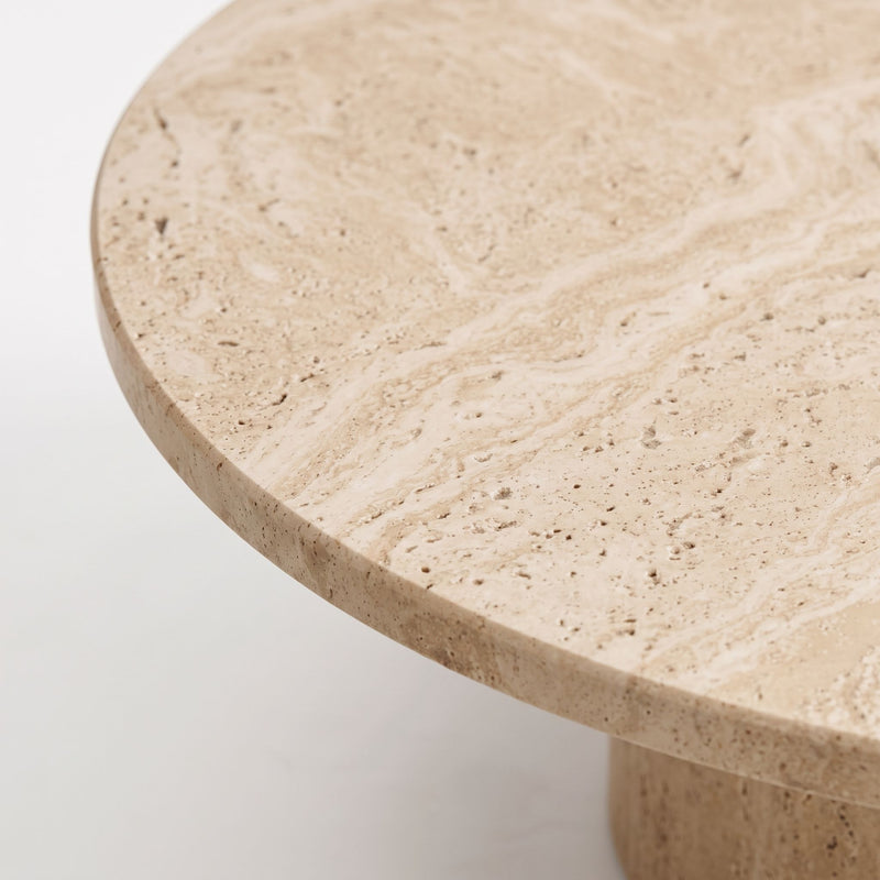Close-Up of Edge and Surface Texture on Dune Round Travertine Coffee Table - Sculptural Modern Pedestal Design by Tomruque