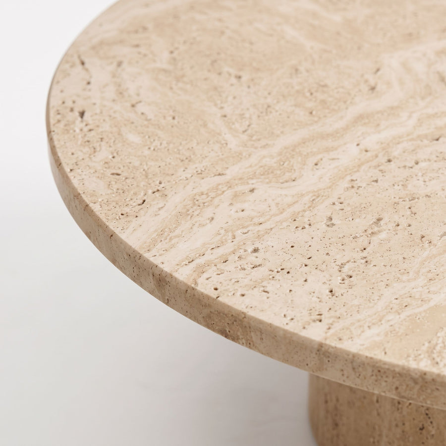 Close-Up of Edge and Surface Texture on Dune Round Travertine Coffee Table - Sculptural Modern Pedestal Design by Tomruque