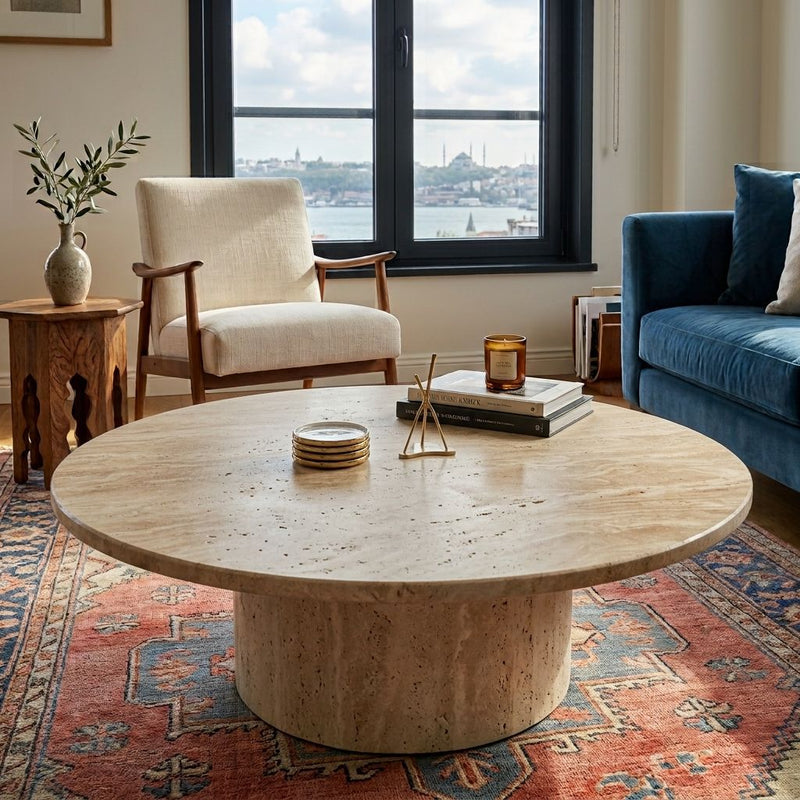 Dune Round Travertine Coffee Table - Sculptural Modern Pedestal Design Styled in a Living Room by Tomruque