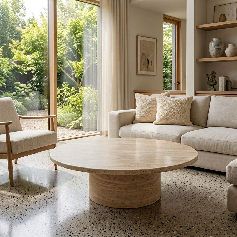 Dune Round Travertine Coffee Table - Sculptural Modern Pedestal Design in a Modern Living Room by Tomruque