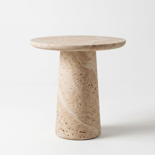 Dune Round Travertine Side Table - Sculptural Tapered Pedestal Design Studio View by Tomruque