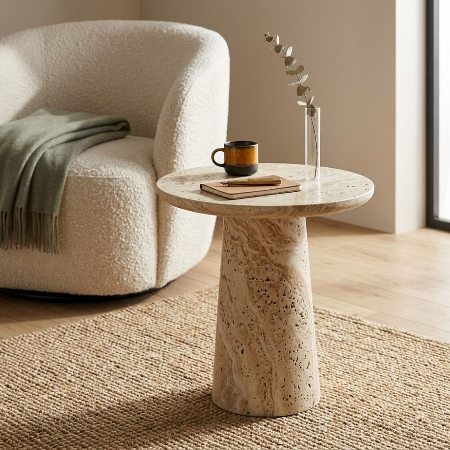 Dune Round Travertine Side Table - Sculptural Tapered Pedestal Design Styled in a Living Room Nook by Tomruque