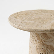 Close-Up View of Dune Round Travertine Side Table - Sculptural Tapered Pedestal Design by Tomruque