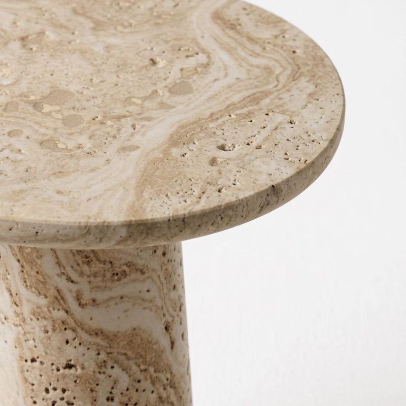 Close-Up Detail of Dune Round Travertine Side Table - Sculptural Tapered Pedestal Design by Tomruque