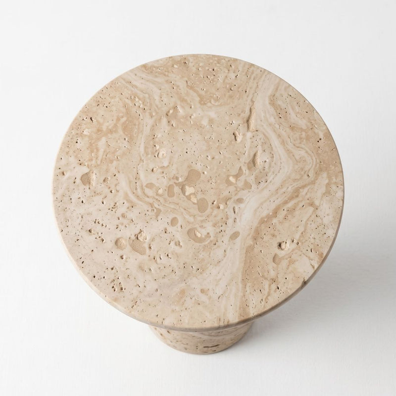 Top View of Dune Round Travertine Side Table - Sculptural Tapered Pedestal Design by Tomruque