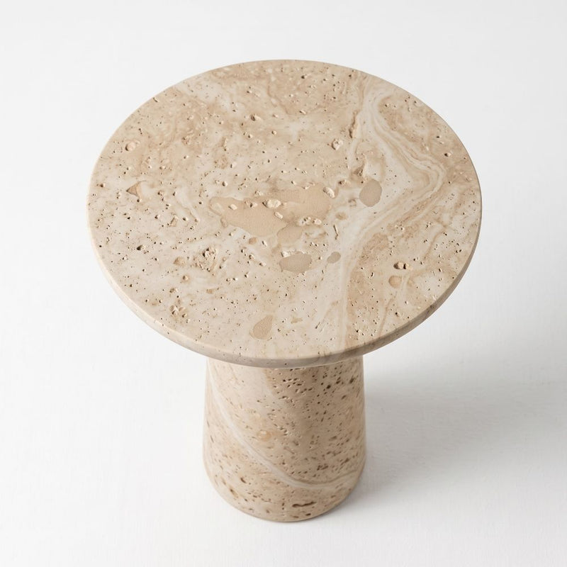 High-Angle View of Dune Round Travertine Side Table - Sculptural Tapered Pedestal Design by Tomruque