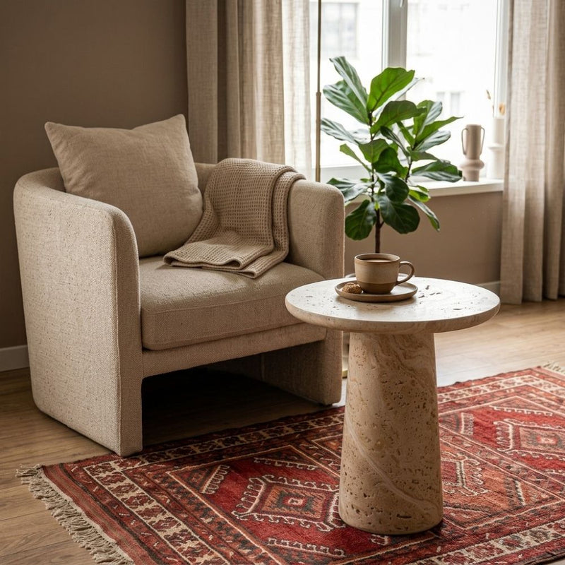 Dune Round Travertine Side Table - Sculptural Tapered Pedestal Design Styled in a Living Room Nook by Tomruque