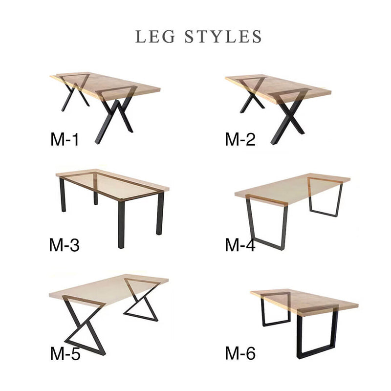 Different leg styles for the Eagan dining table: MA-1 features sleek, straight metal legs; MA-2 offers industrial triangular legs; MA-3 showcases minimalist geometric design; MA-4 has tapered metal legs for a contemporary look; MA-5 boasts bold angular metal legs; MA-6 presents classic straight metal legs with clean lines