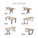 Different leg styles for the Eagan dining table: MA-1 features sleek, straight metal legs; MA-2 offers industrial triangular legs; MA-3 showcases minimalist geometric design; MA-4 has tapered metal legs for a contemporary look; MA-5 boasts bold angular metal legs; MA-6 presents classic straight metal legs with clean lines